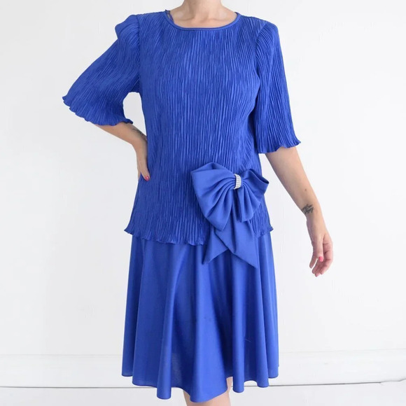 Vintage 80's After Dark Royal Blue Swing Dress with Bow 9/10 - Picture 1 of 15